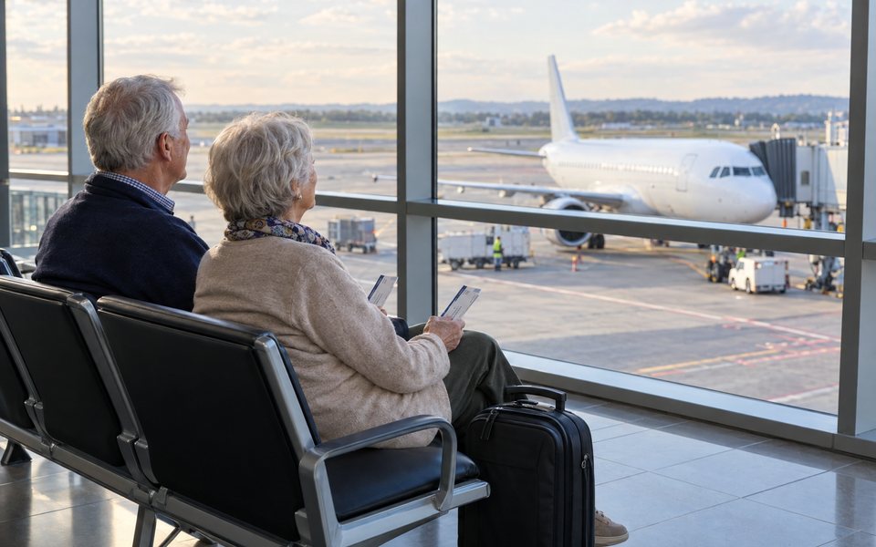 An older couple waiting at an airport gate with their boarding passes