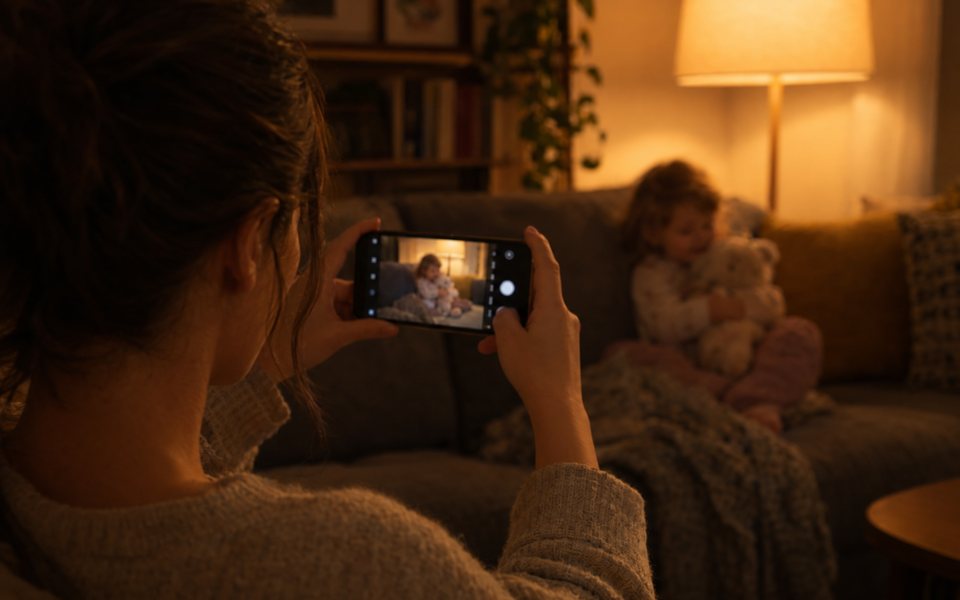 Мама фотографує малюка на смартфон у напівтемній вітальні